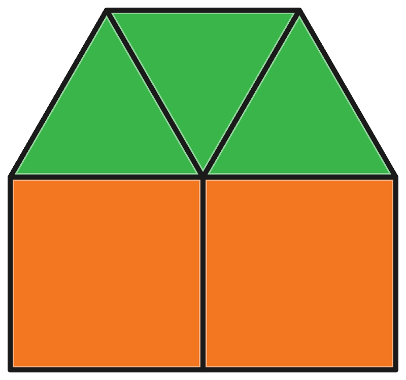 Casa rellena con dos cuadrados naranjas y tres triángulos verdes