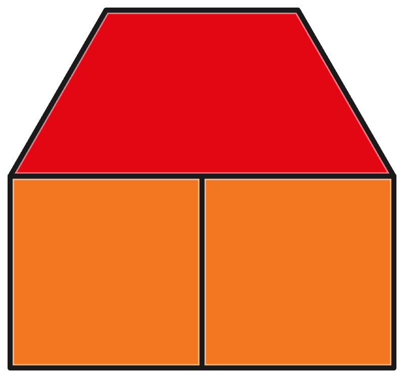 Casa rellena con dos cuadrados naranjas y un trapecio rojo